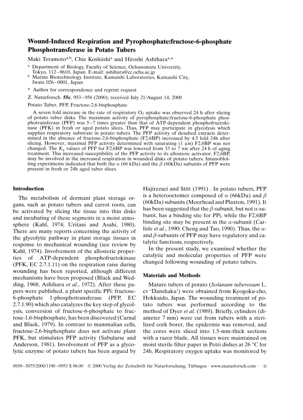 Wound-Induced Respiration and Pyrophosphate:Fructose-6-Phosphate Phosphotransferase in Potato Tubers