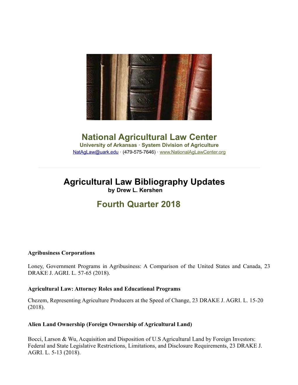 National Agricultural Law Center Agricultural Law Bibliography