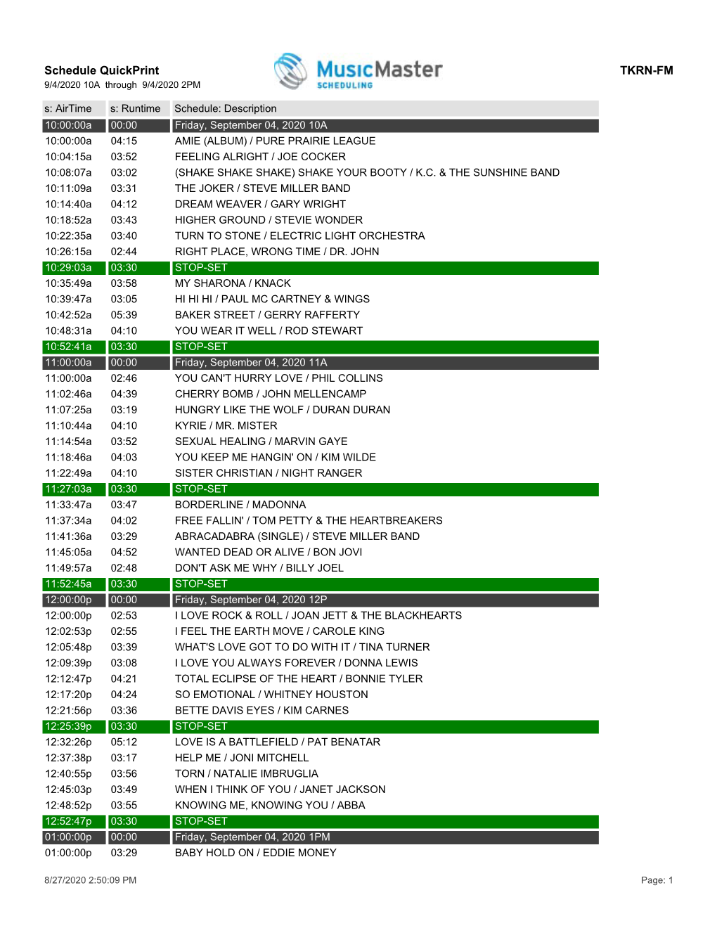 Schedule Quickprint TKRN-FM