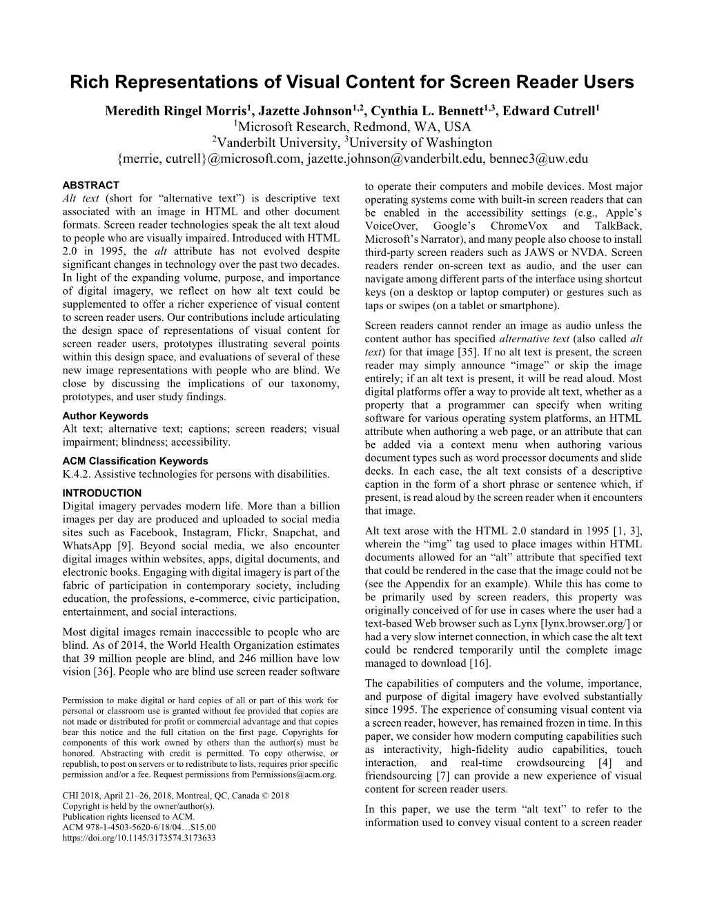 Rich Representations of Visual Content for Screen Reader Users Meredith Ringel Morris1, Jazette Johnson1,2, Cynthia L