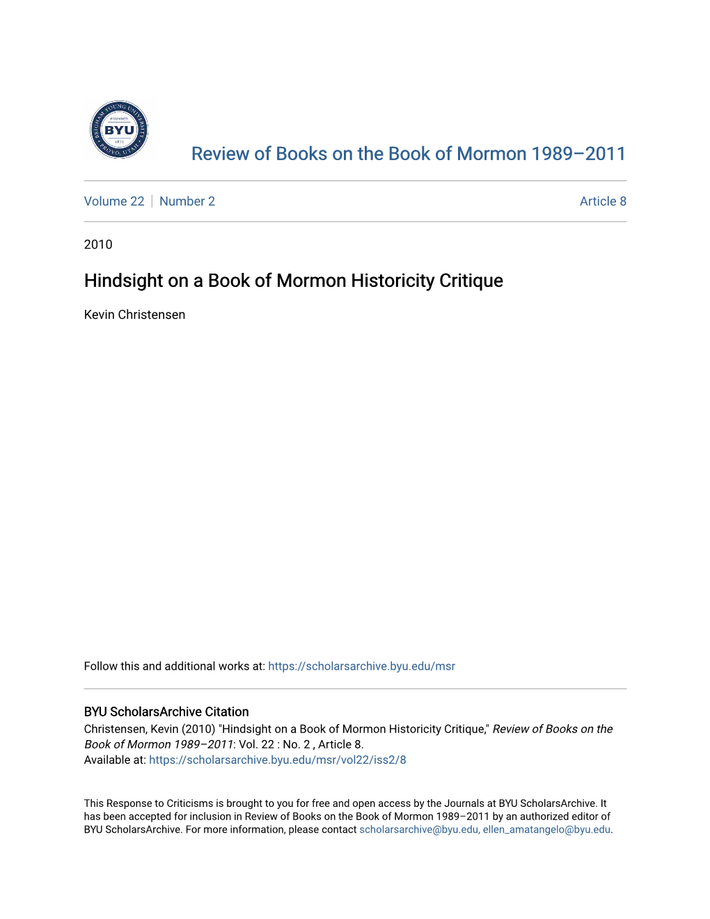 Hindsight on a Book of Mormon Historicity Critique