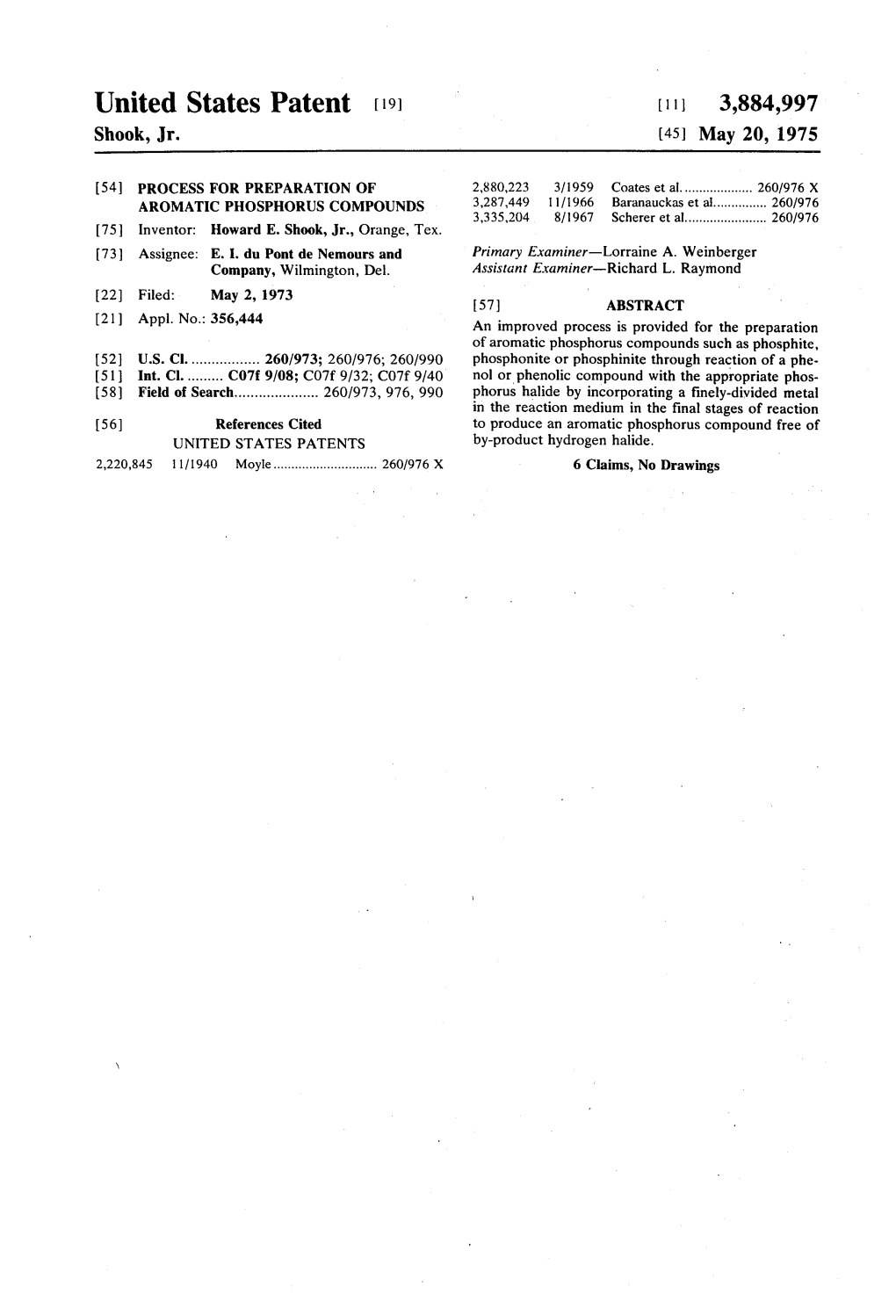 United States Patent (19) (11) 3,884,997 Shook, Jr