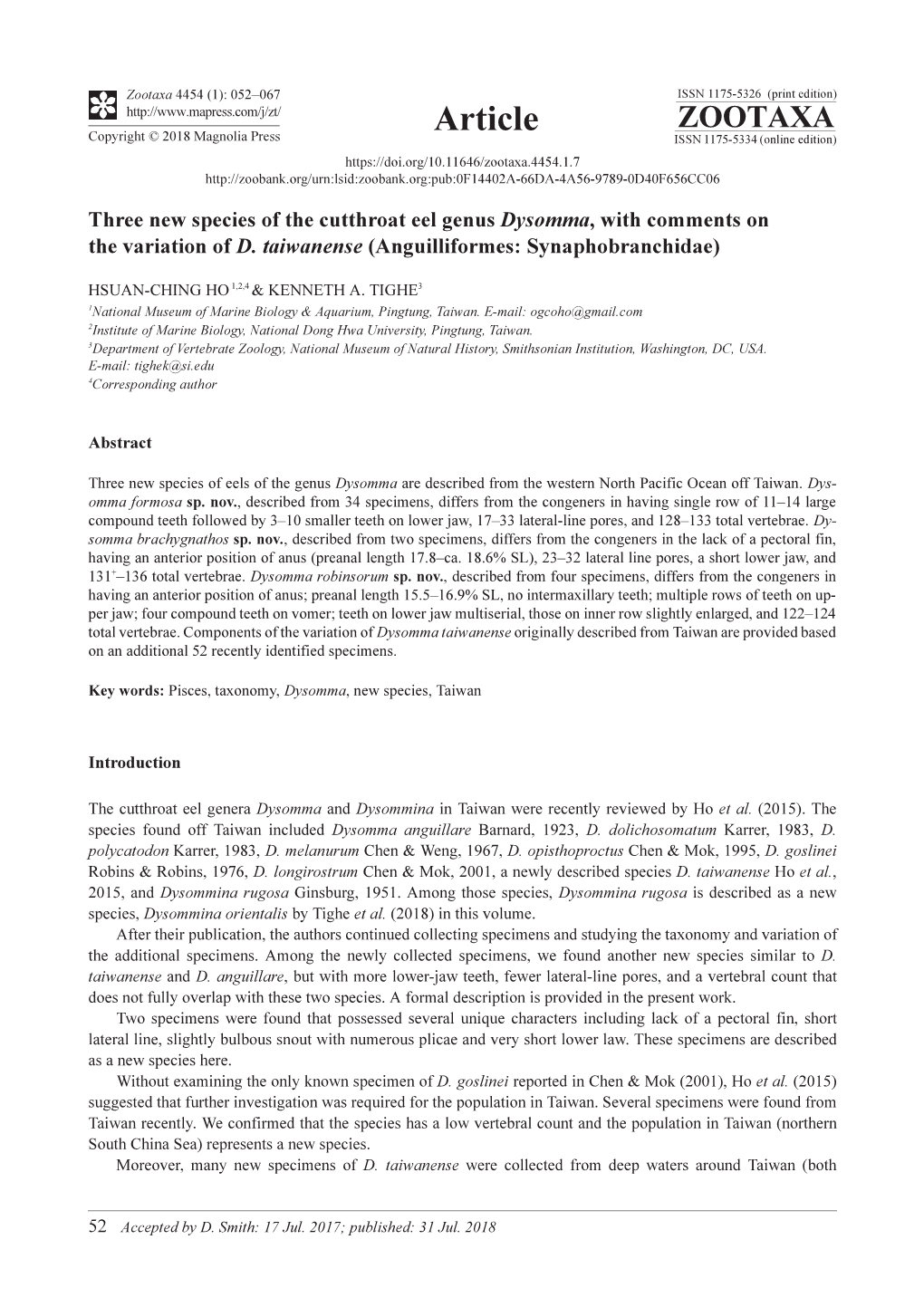 Three New Species of the Cutthroat Eel Genus Dysomma, with Comments on the Variation of D. Taiwanense (Anguilliformes: Synaphobranchidae)