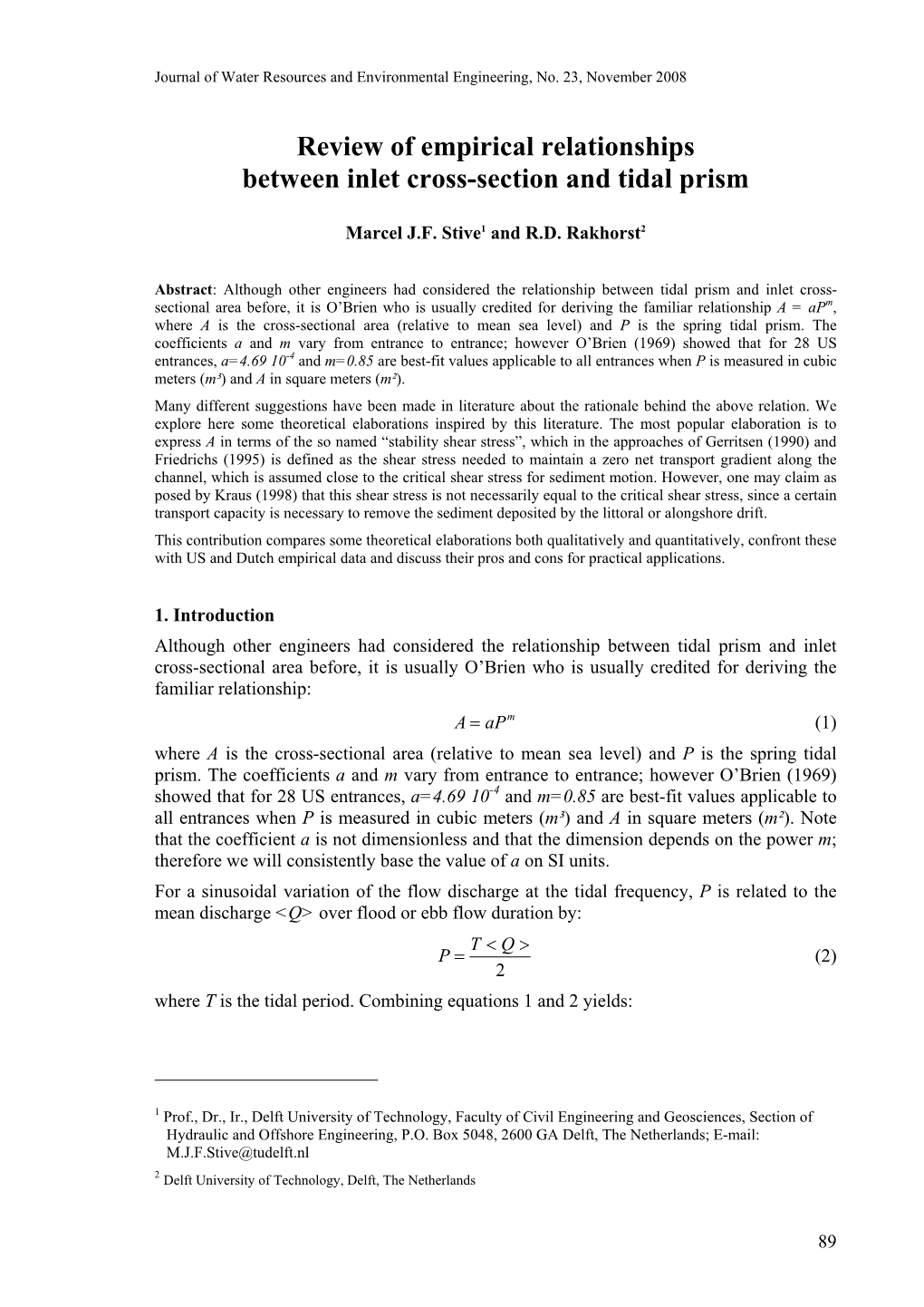 Review of Empirical Relationships Between Inlet Cross-Section and Tidal Prism