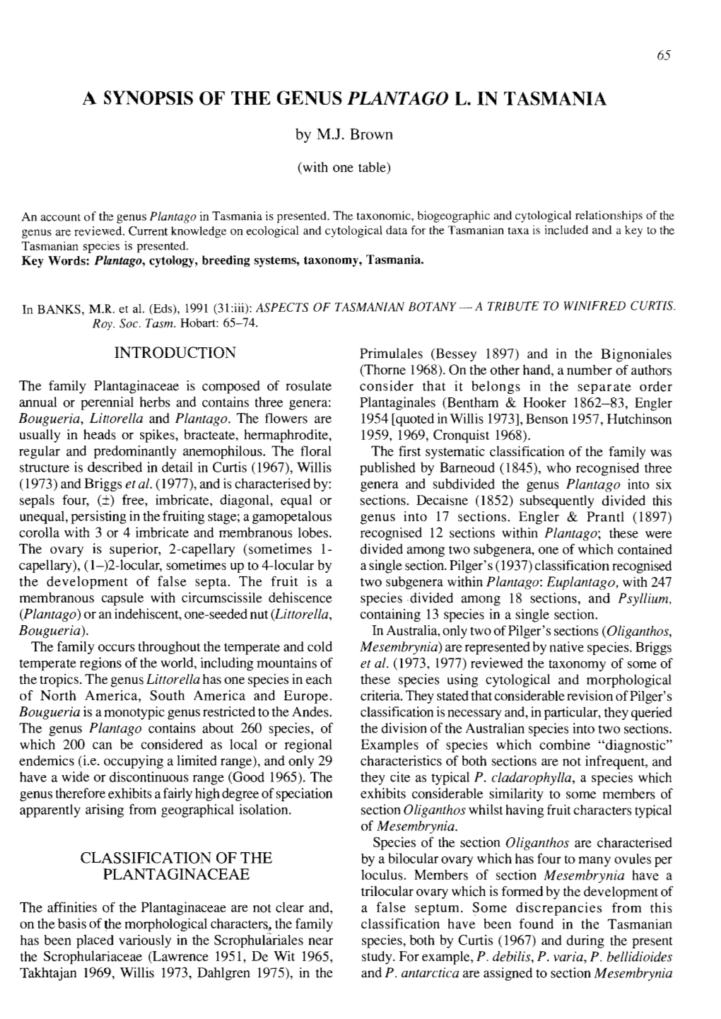 A Synopsis of the Genus Plantago L in Tasmania