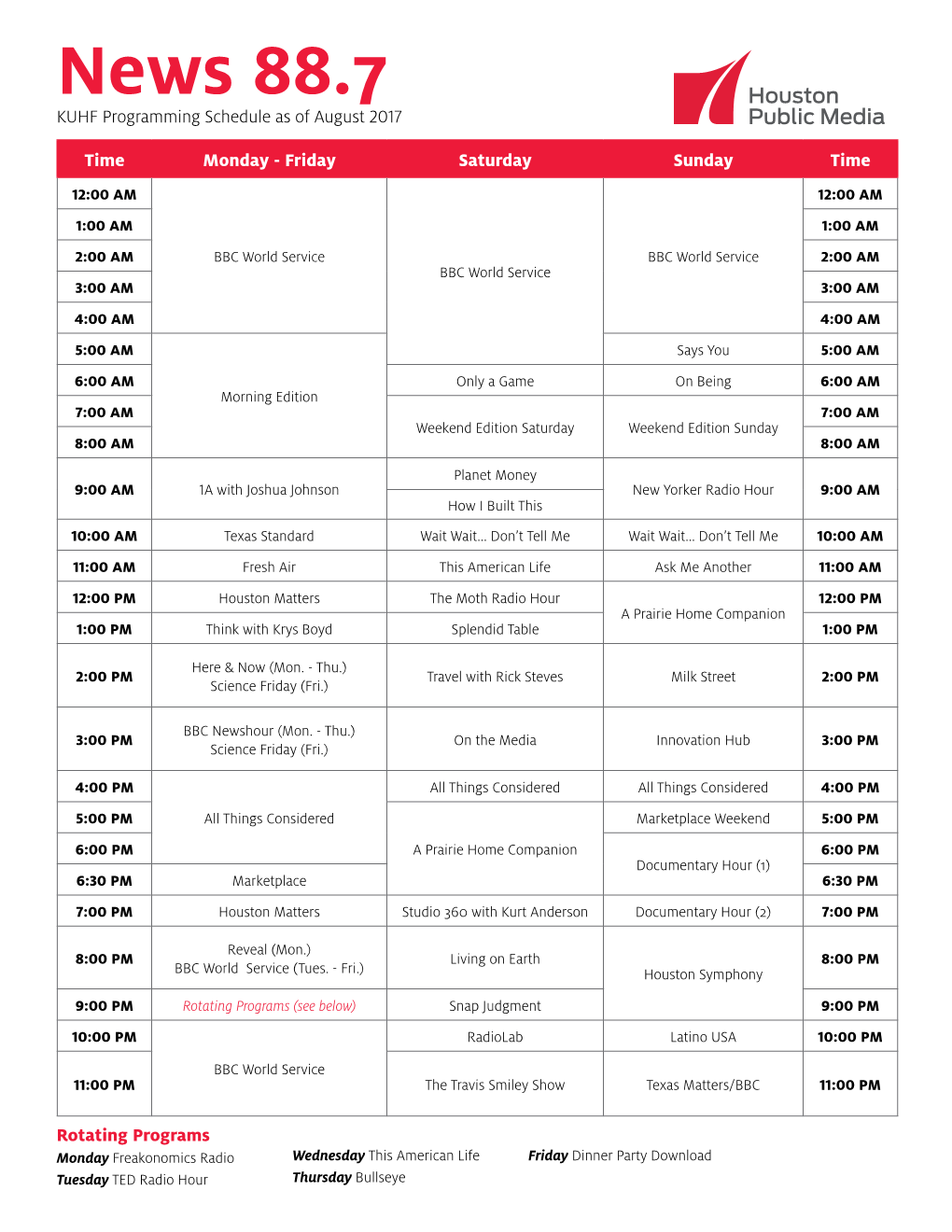 News 88.7 KUHF Programming Schedule As of August 2017