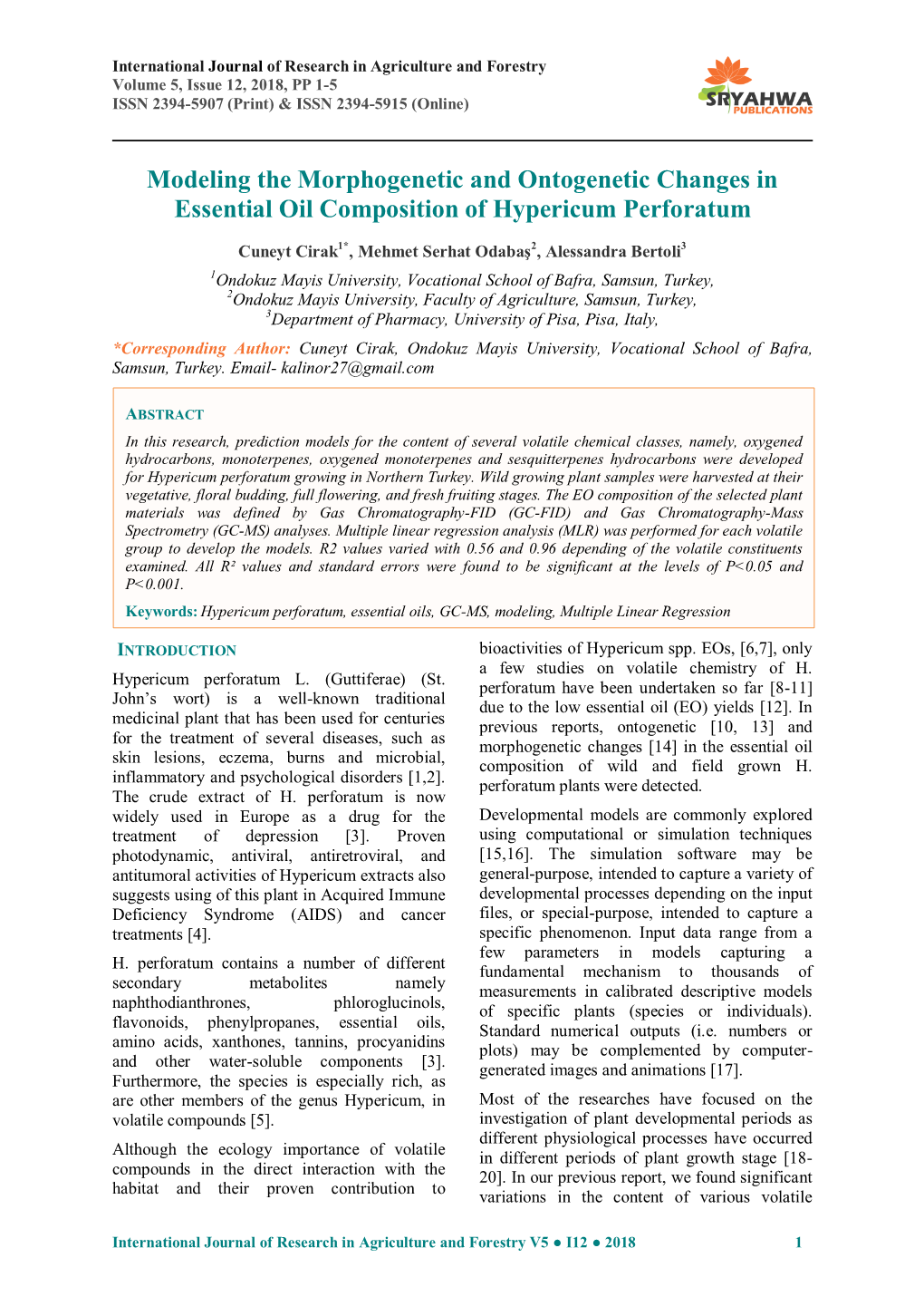 Modeling the Morphogenetic and Ontogenetic Changes in Essential Oil Composition of Hypericum Perforatum