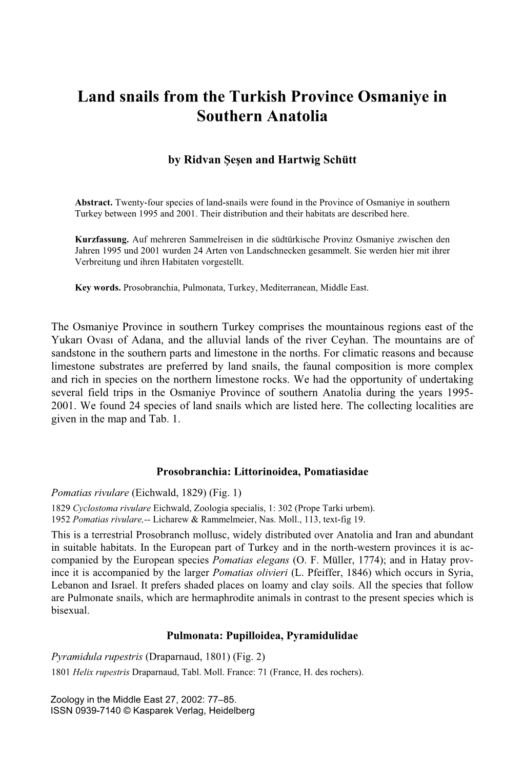 Land Snails from the Turkish Province Osmaniye in Southern Anatolia