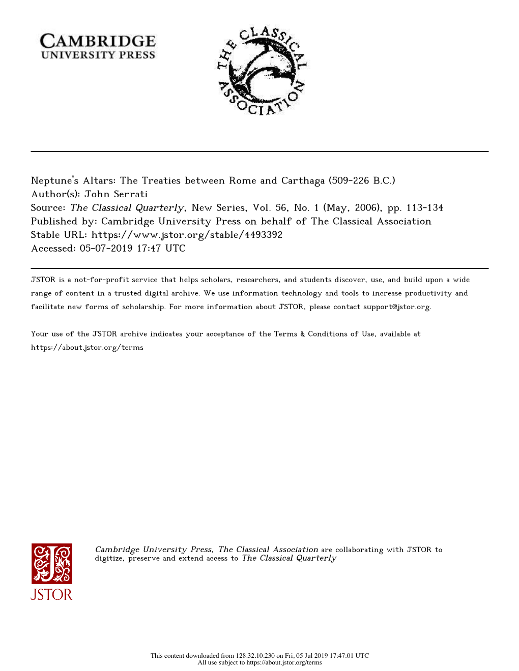 Neptune's Altars: the Treaties Between Rome and Carthaga (509-226 B.C.) Author(S): John Serrati Source: the Classical Quarterly, New Series, Vol