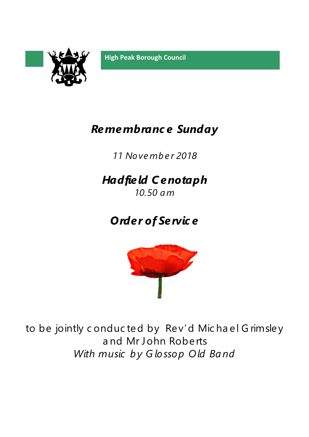 Remembrance Sunday Hadfield Cenotaph Order of Service