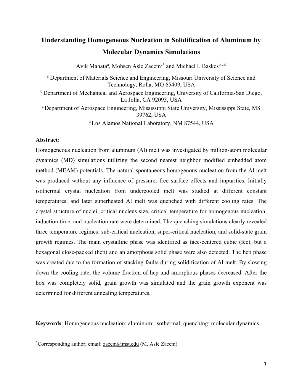 Understanding Homogeneous Nucleation in Solidification of Aluminum by Molecular Dynamics Simulations