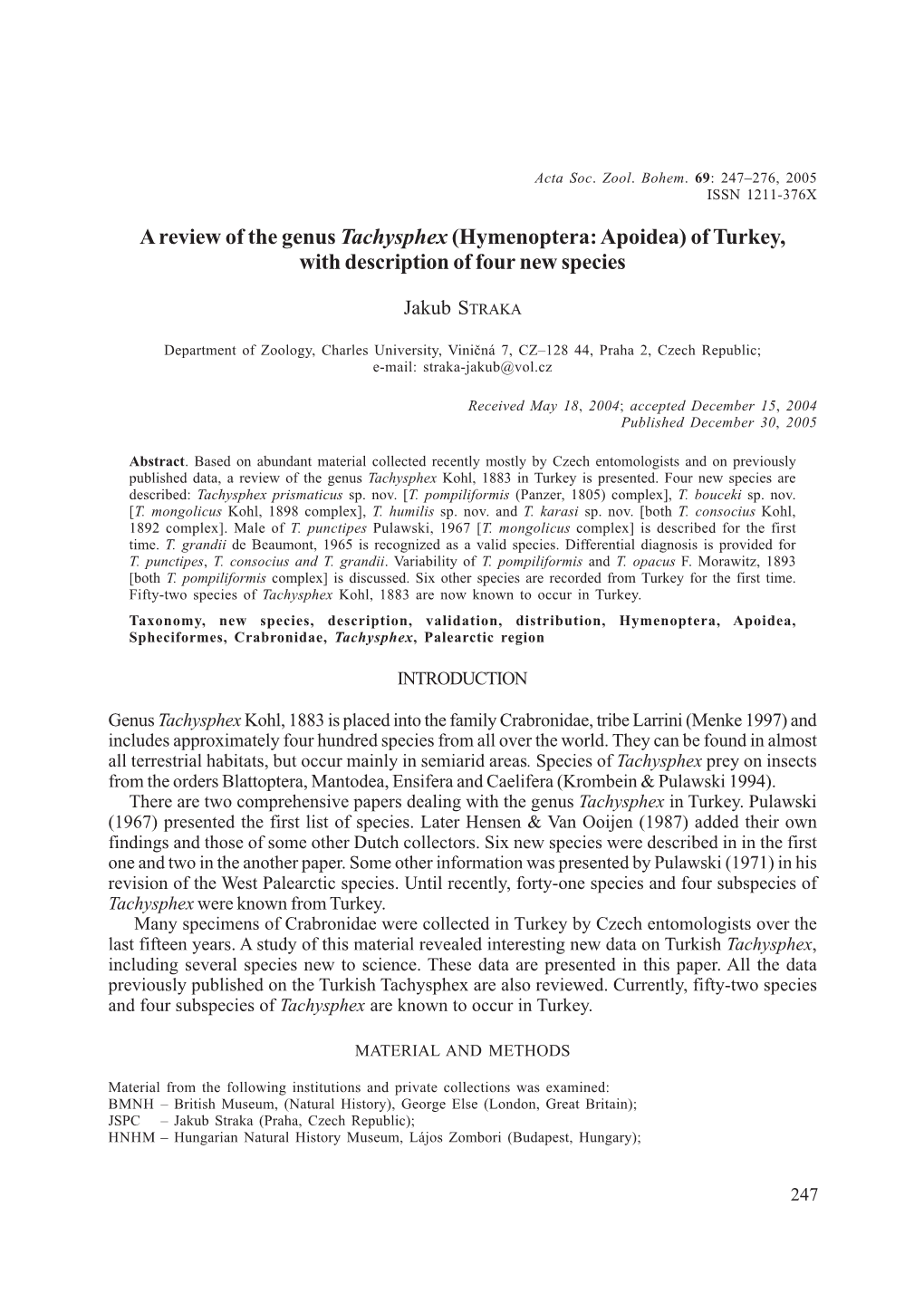 A Review of the Genus Tachysphex (Hymenoptera: Apoidea) of Turkey, with Description of Four New Species