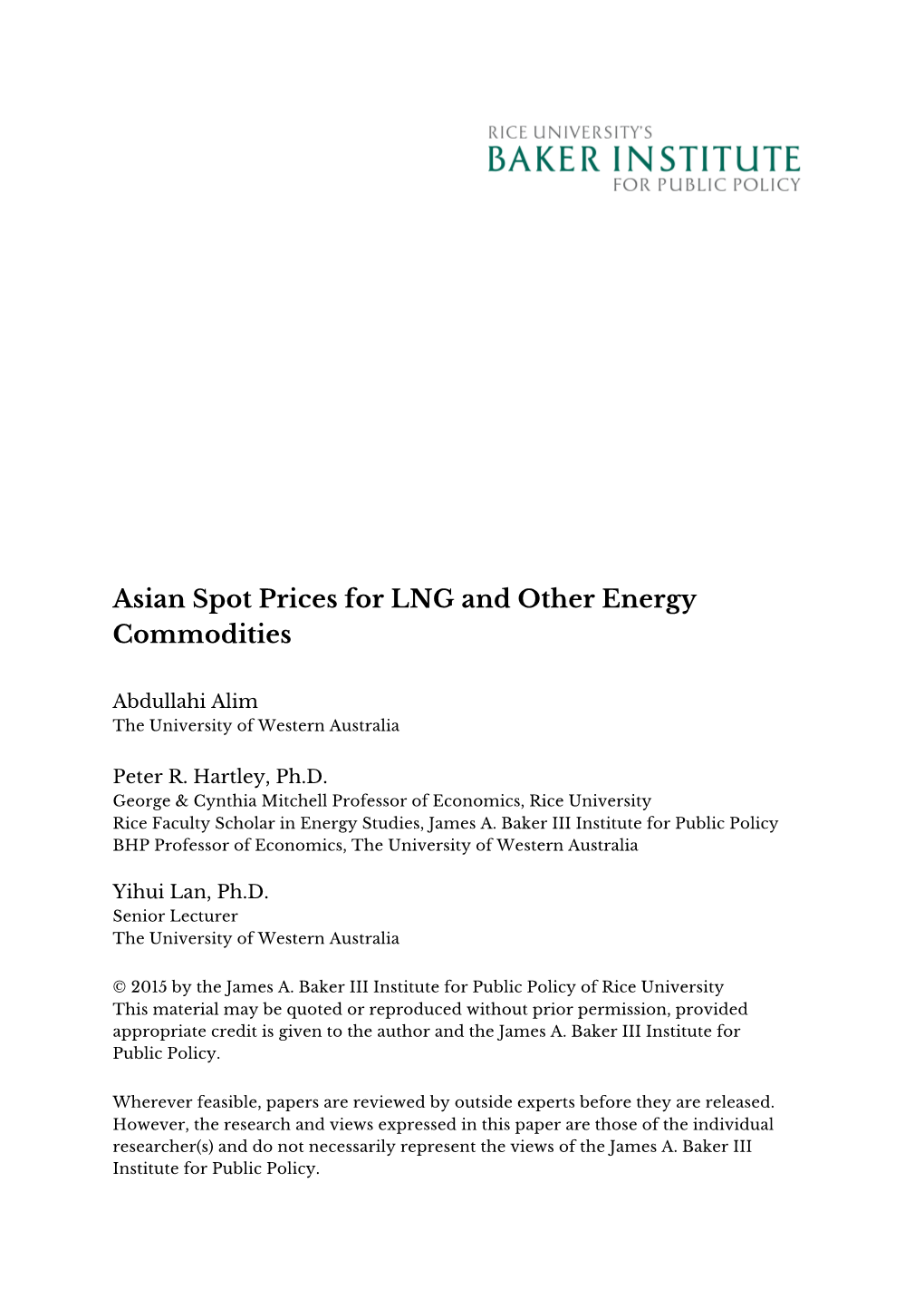 Asian Spot Prices for LNG and Other Energy Commodities