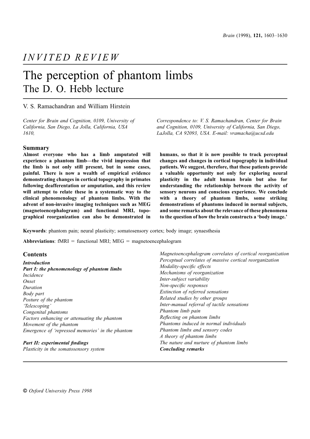 INVITED REVIEW the Perception of Phantom Limbs the D