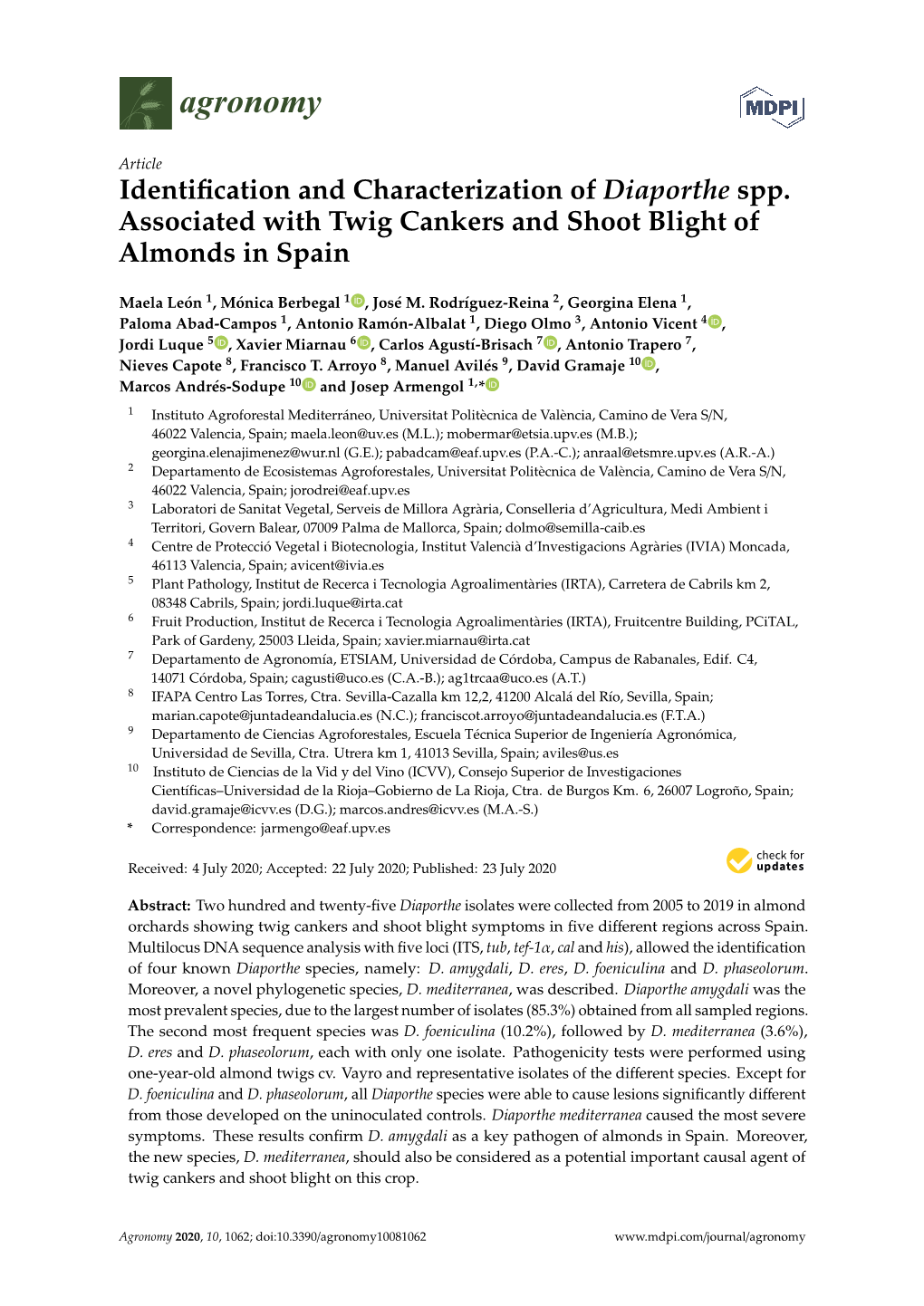 Identification and Characterization of Diaporthe Spp. Associated With