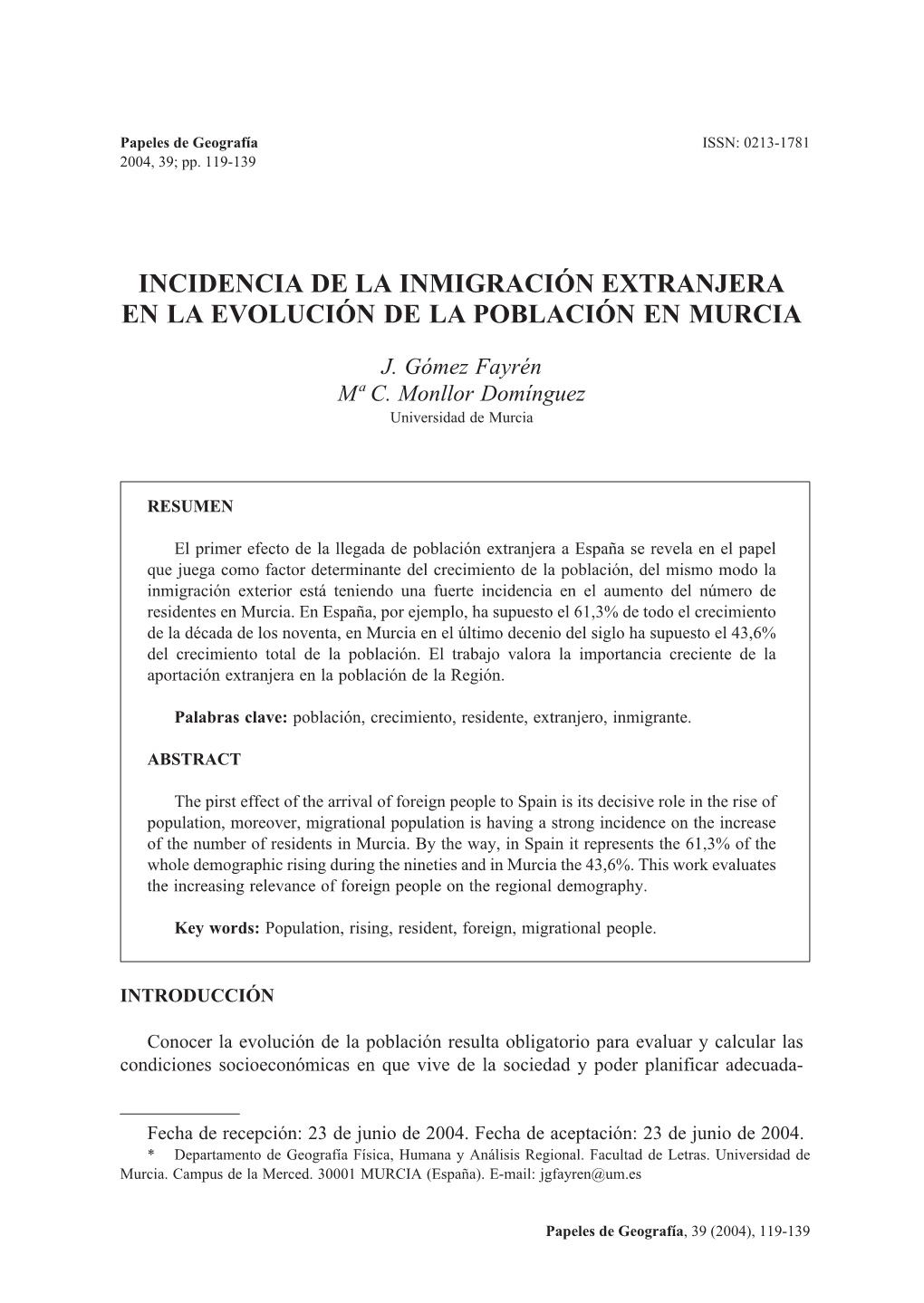 Incidencia De La Inmigración Extranjera En La Evolución De La Población En Murcia