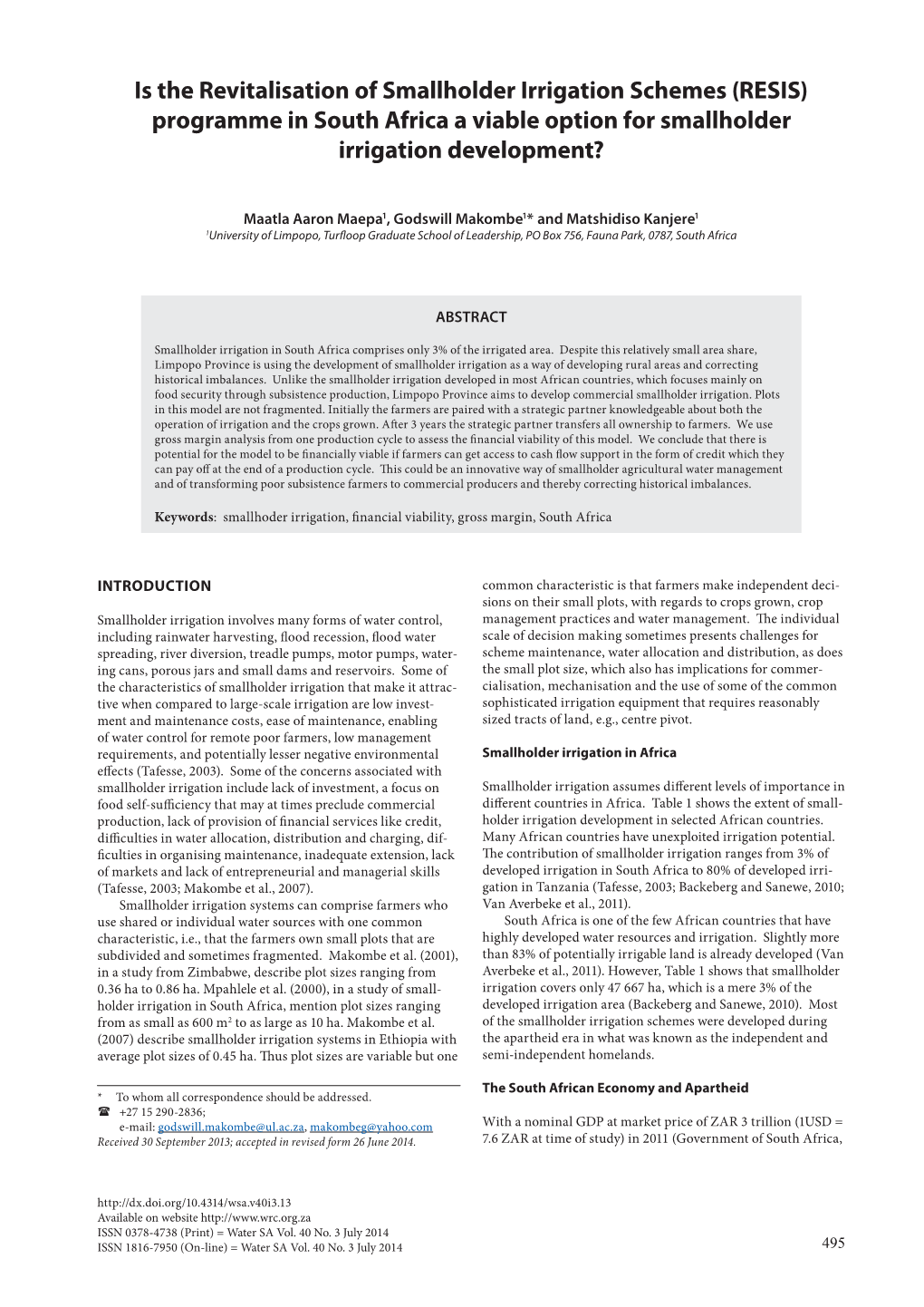 Is the Revitalisation of Smallholder Irrigation Schemes (RESIS) Programme in South Africa a Viable Option for Smallholder Irrigation Development?