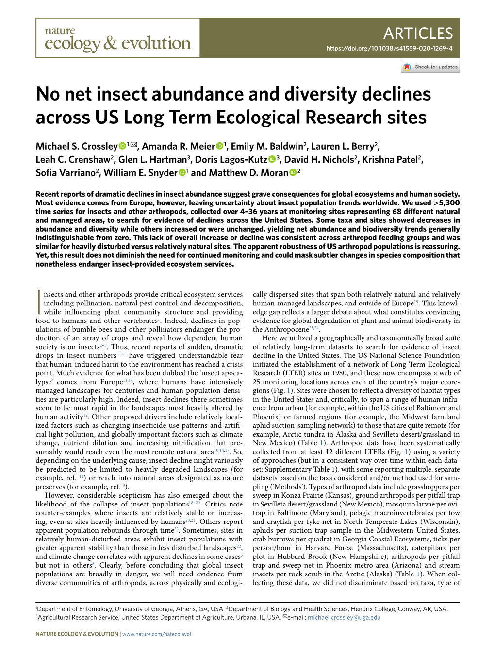 No Net Insect Abundance and Diversity Declines Across US Long Term Ecological Research Sites