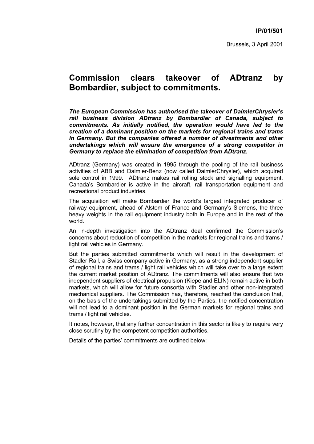 Commission Clears Takeover of Adtranz by Bombardier, Subject To