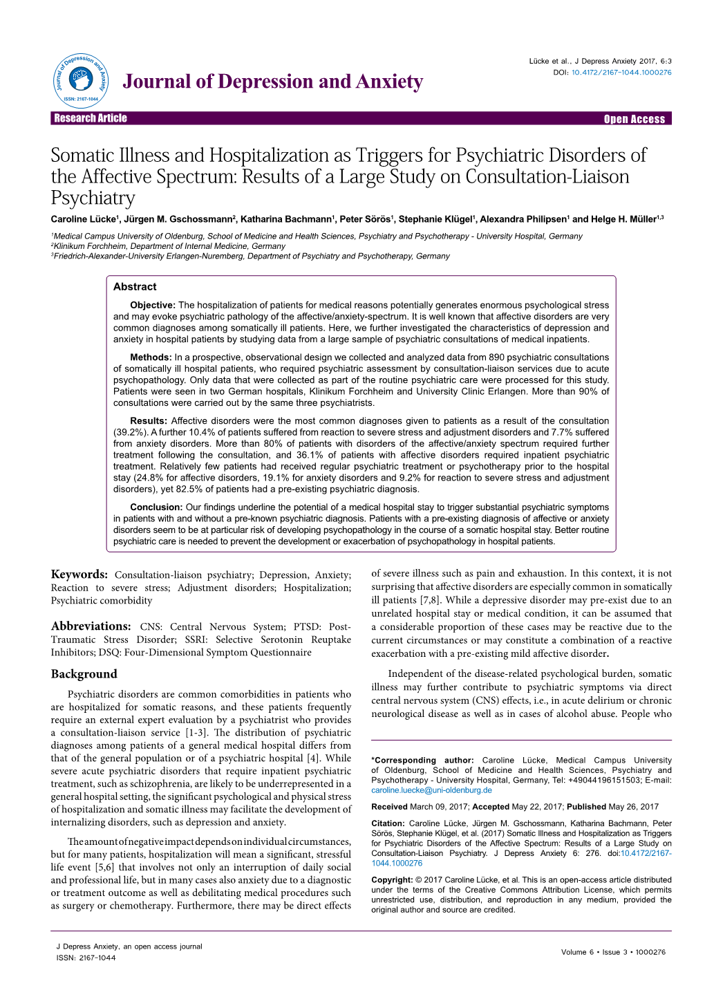 Somatic Illness and Hospitalization As Triggers