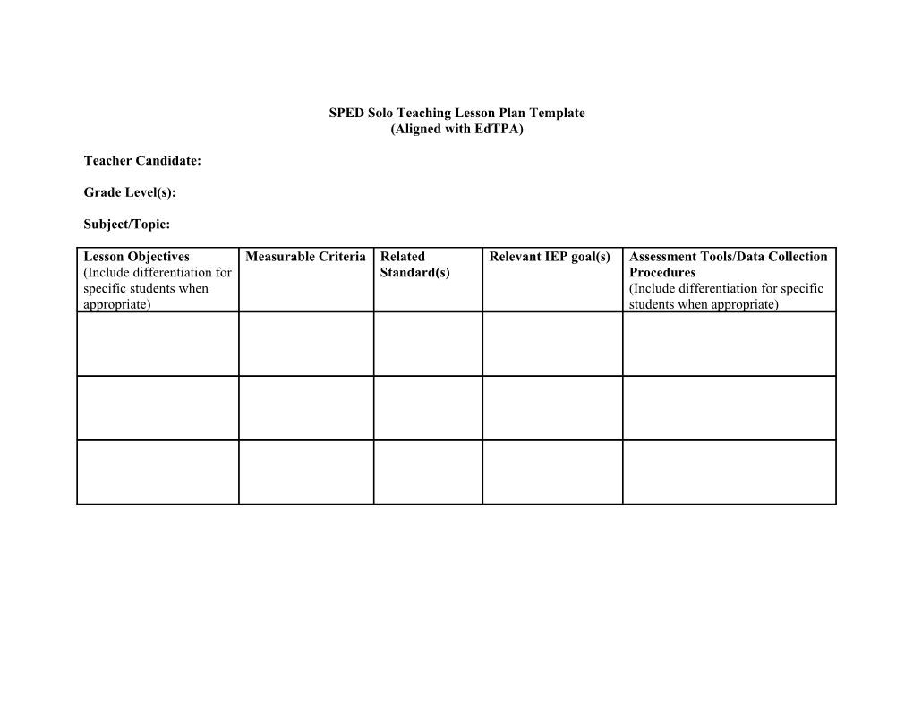 SPED Lesson Plan Template