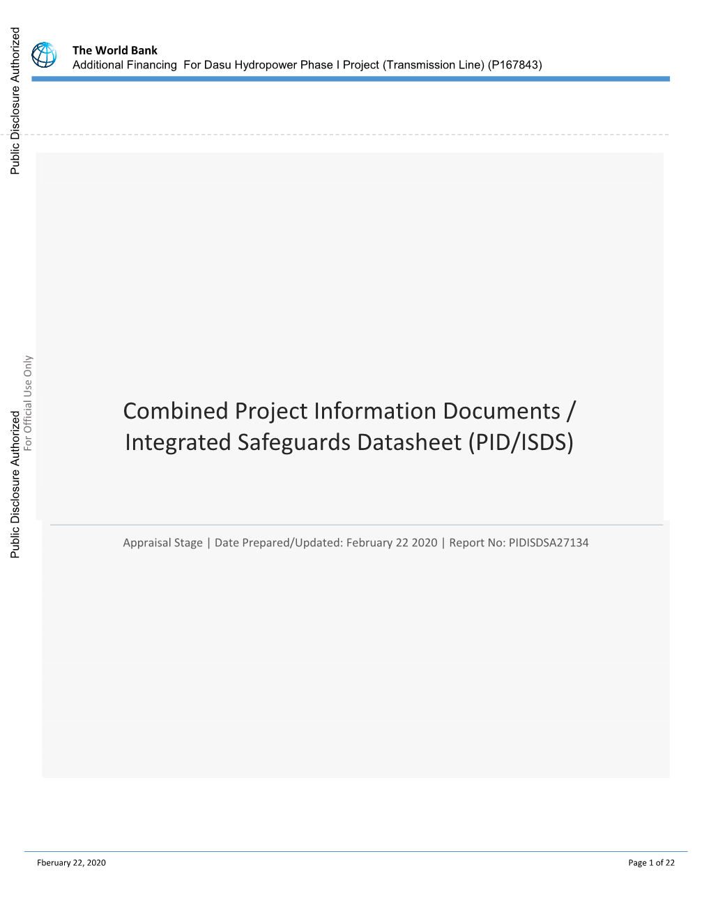 Additional Financing for Dasu Hydropower Phase I Project (Transmission Line) (P167843)