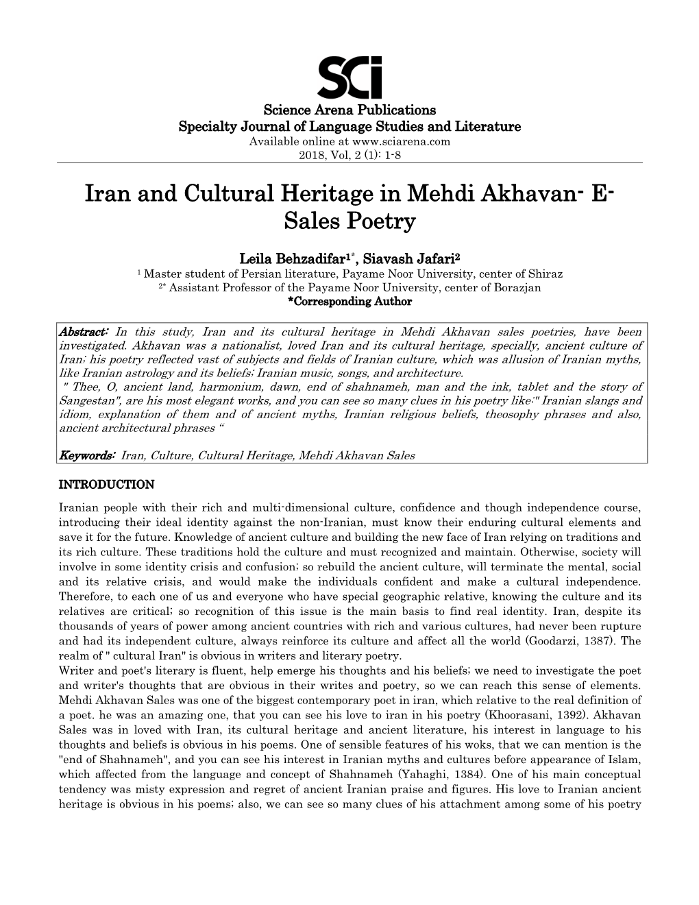 Iran and Cultural Heritage in Mehdi Akhavan- E- Sales Poetry