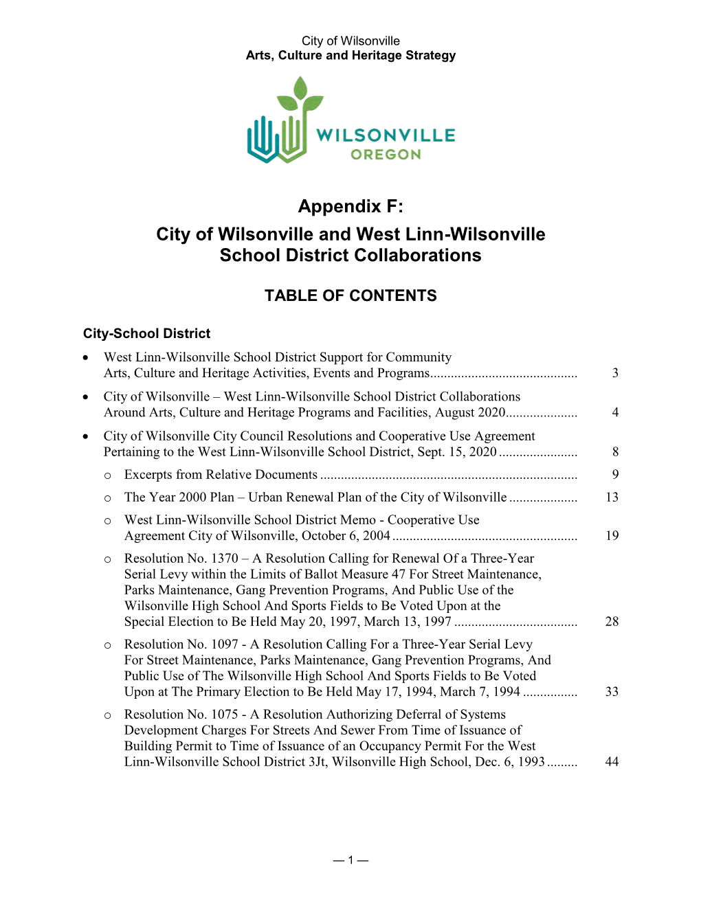 Appendix F: City of Wilsonville and West Linn-Wilsonville School District Collaborations