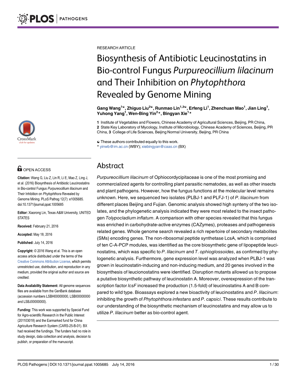 Biosynthesis of Antibiotic Leucinostatins in Bio-Control Fungus Purpureocillium Lilacinum and Their Inhibition on Phytophthora Revealed by Genome Mining