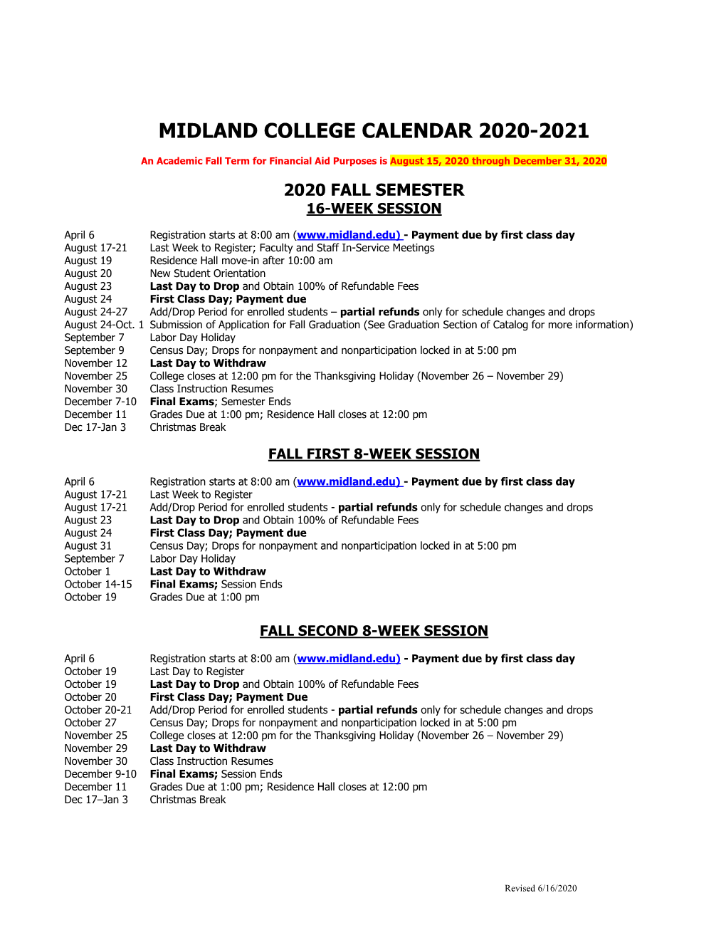 Midland College Academic Calendar for 2020-2021