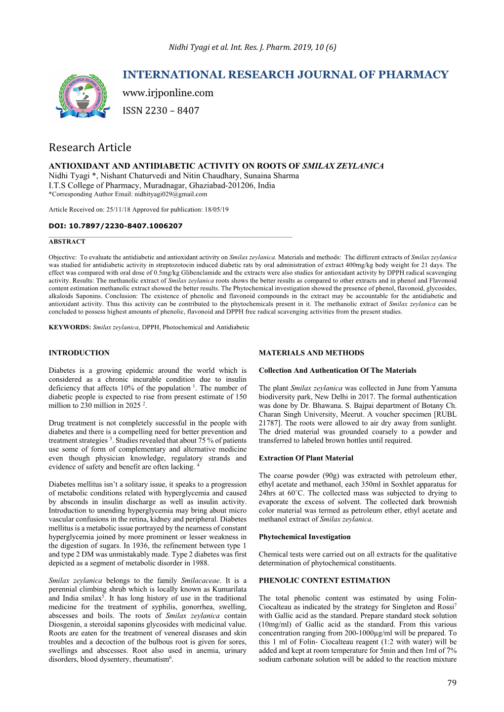 Antioxidant and Antidiabetic Activity on Roots of Smilax Zeylanica