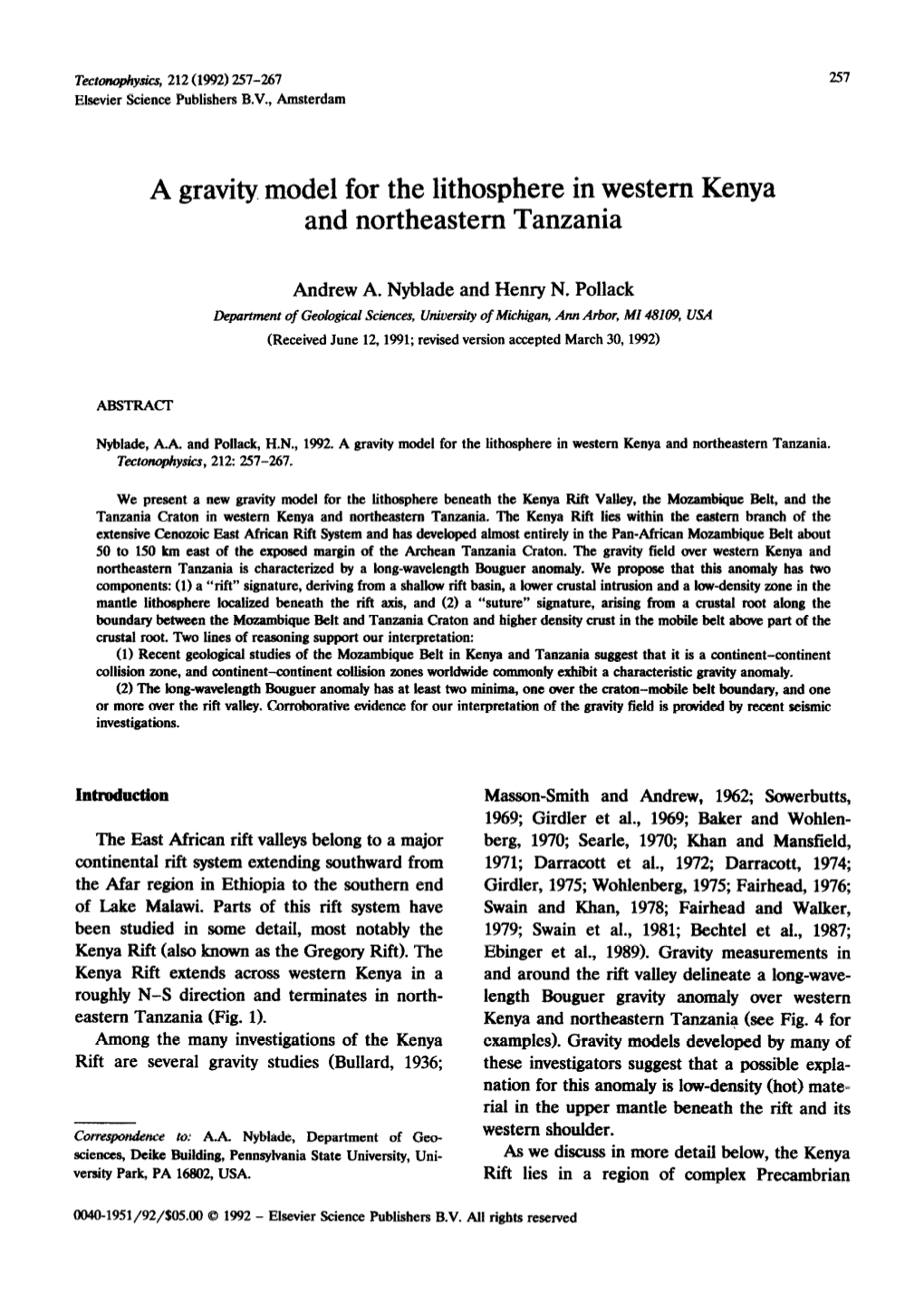 A Gravity Model for the Lithosphere in Western Kenya and Northeastern Tanzania