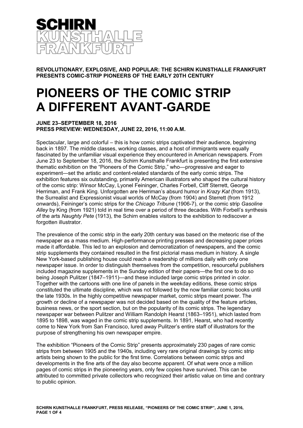 Press Release, “Pioneers of the Comic Strip”, June 1, 2016, Page 1 of 4