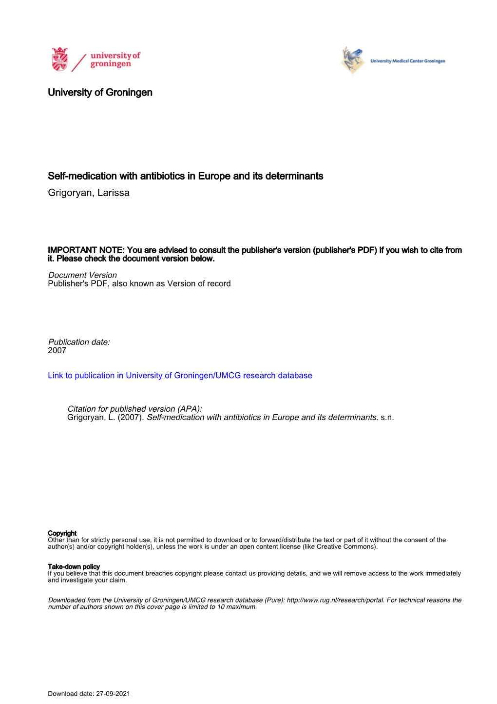 University of Groningen Self-Medication with Antibiotics In