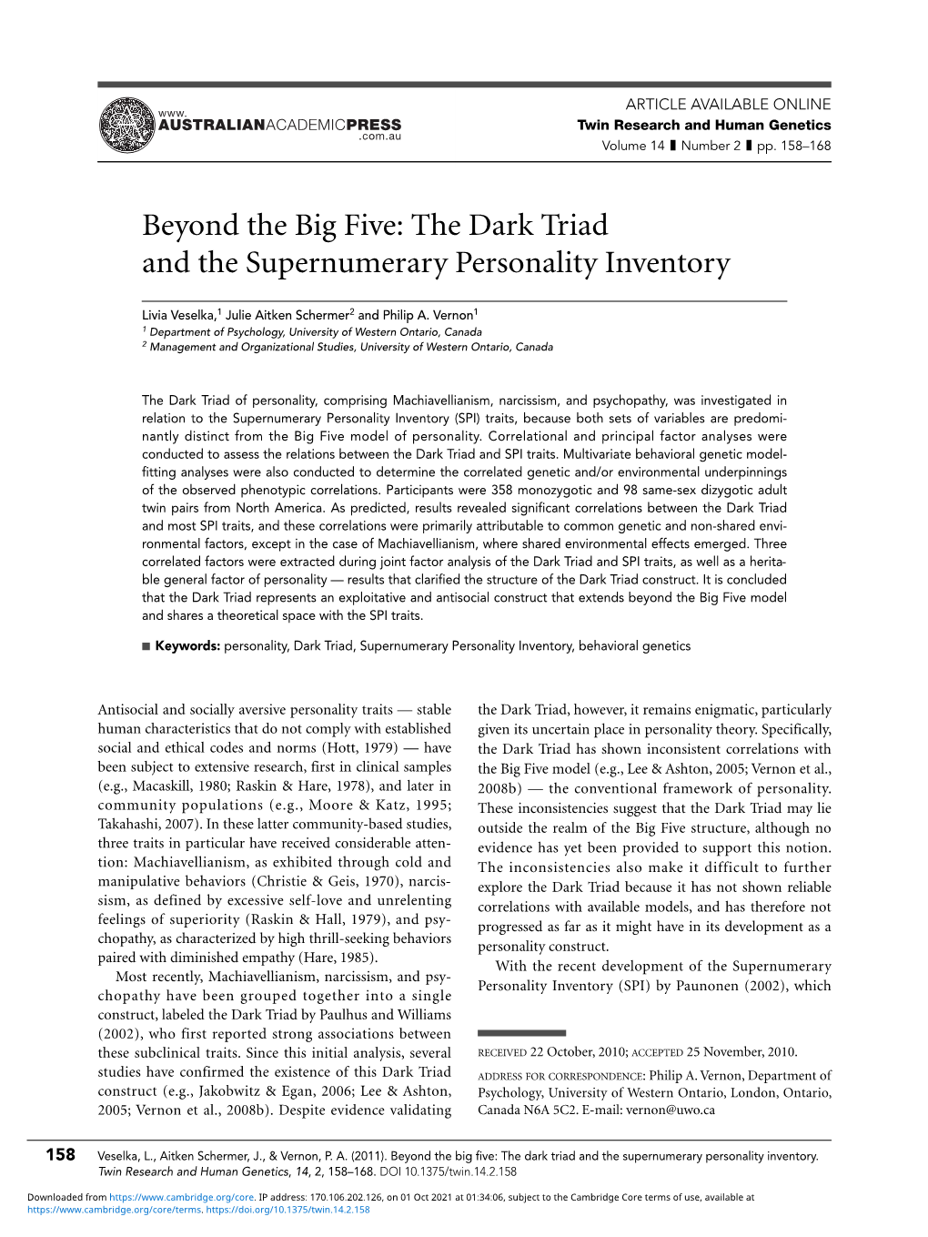 Beyond the Big Five: the Dark Triad and the Supernumerary Personality Inventory