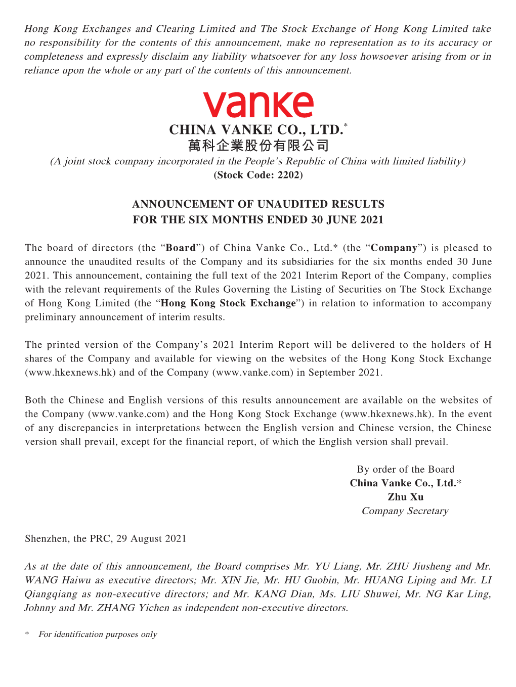 CHINA VANKE CO., LTD.* 萬科企業股份有限公司 (A Joint Stock Company Incorporated in the People’S Republic of China with Limited Liability) (Stock Code: 2202)