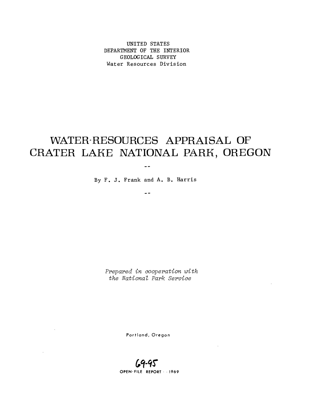 Water-Resources Appraisal of Crater Lake National Park, Oregon