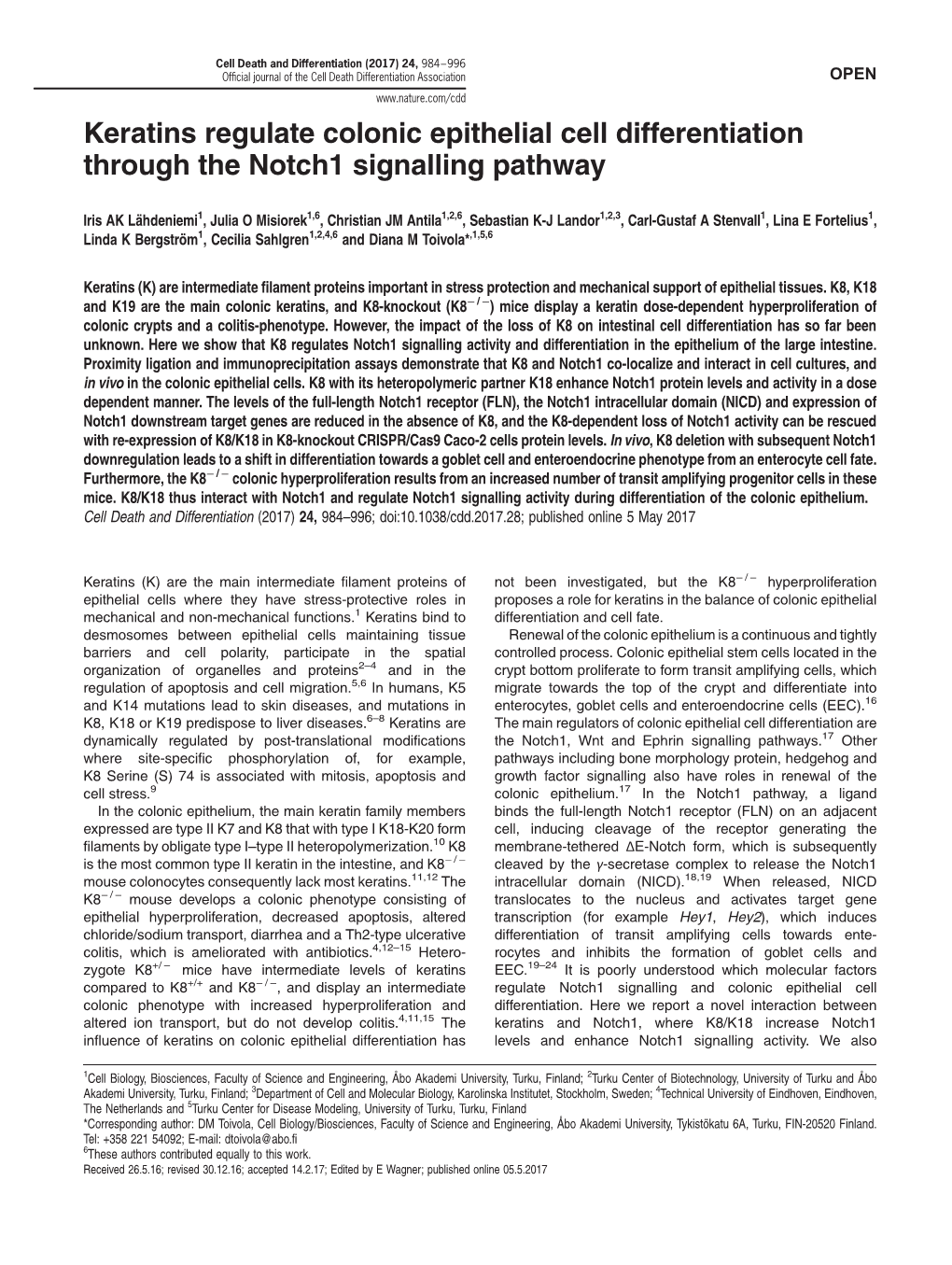 Keratins Regulate Colonic Epithelial Cell Differentiation Through the Notch1 Signalling Pathway