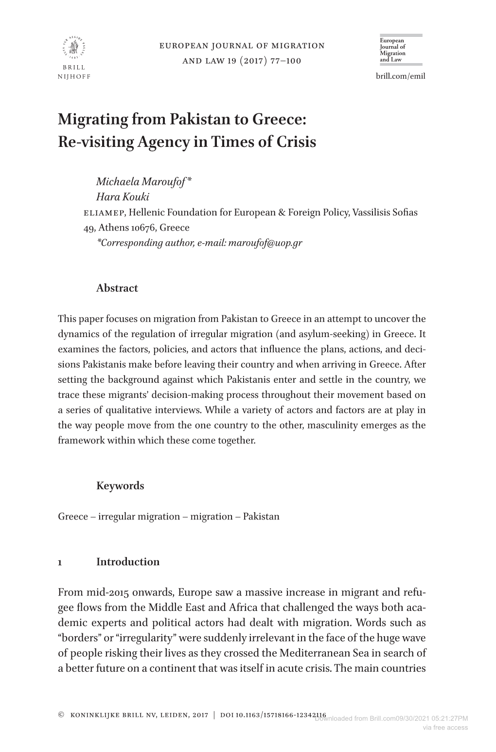 Migrating from Pakistan to Greece: Re-Visiting Agency in Times of Crisis