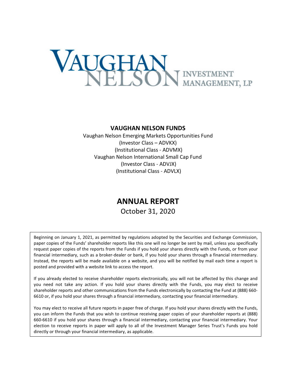 ANNUAL REPORT October 31, 2020