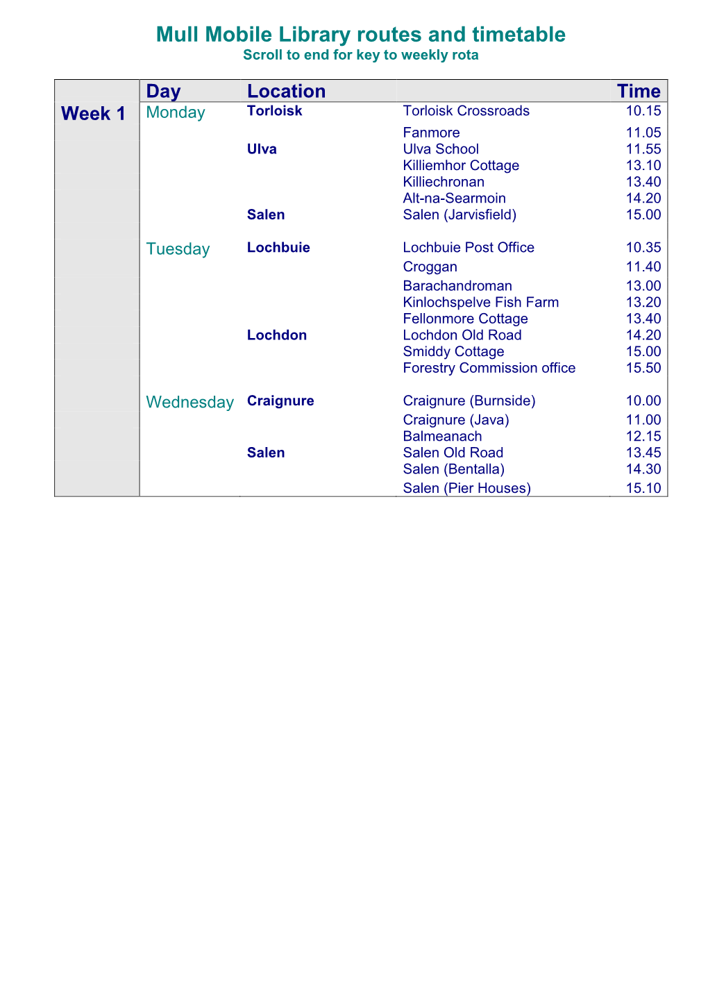 Mull Mobile Library Routes and Timetable Scroll to End for Key to Weekly Rota