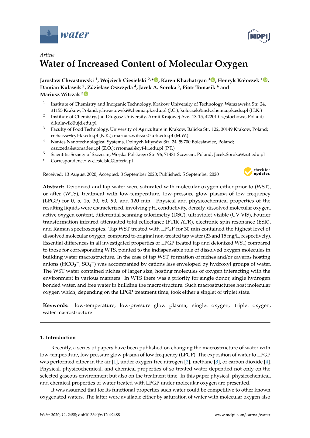 Water of Increased Content of Molecular Oxygen