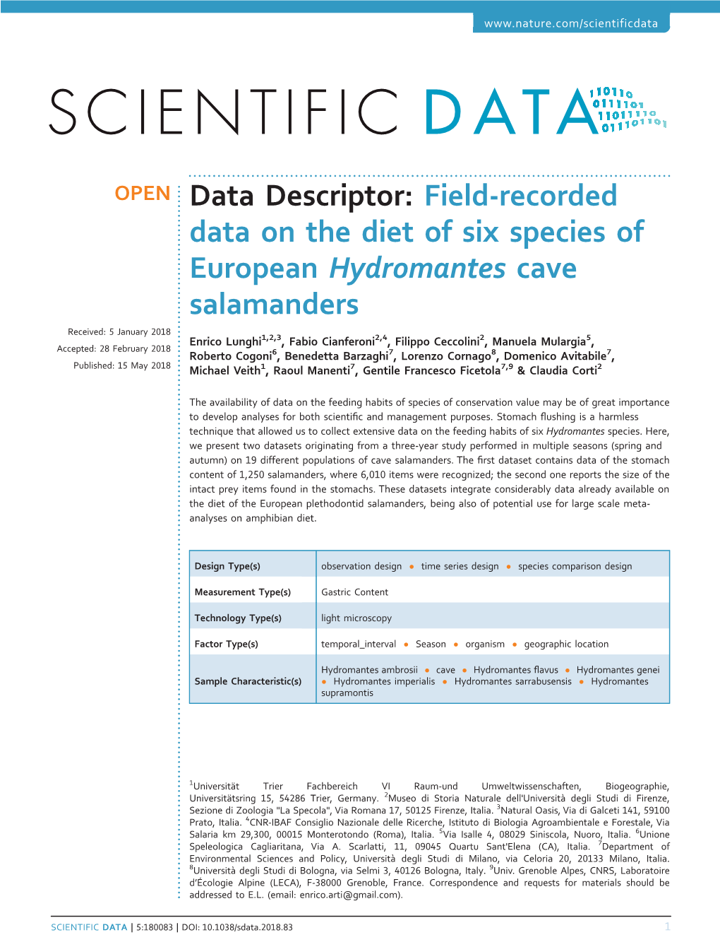 Field-Recorded Data on the Diet of Six Species of European