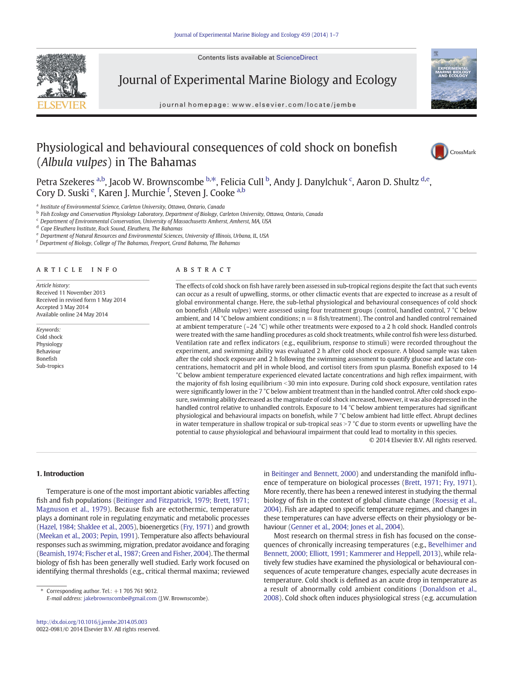 Physiological and Behavioural Consequences of Cold Shock on Boneﬁsh (Albula Vulpes) in the Bahamas