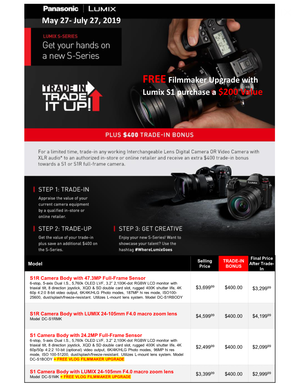 July 27, 2019 FREE Filmmaker Upgrade with Lumix S1 Purchase A
