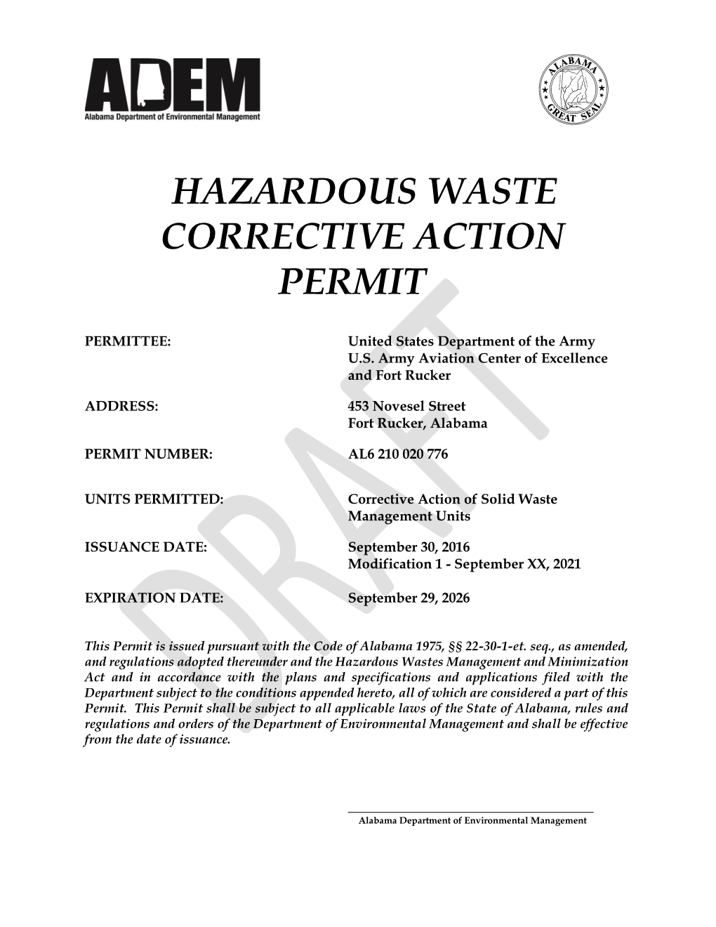 Hazardous Waste Corrective Action Permit