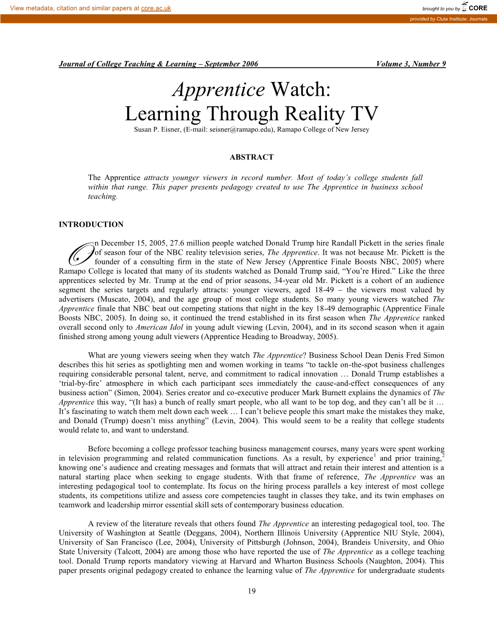 Apprentice Watch: Learning Through Reality TV Susan P