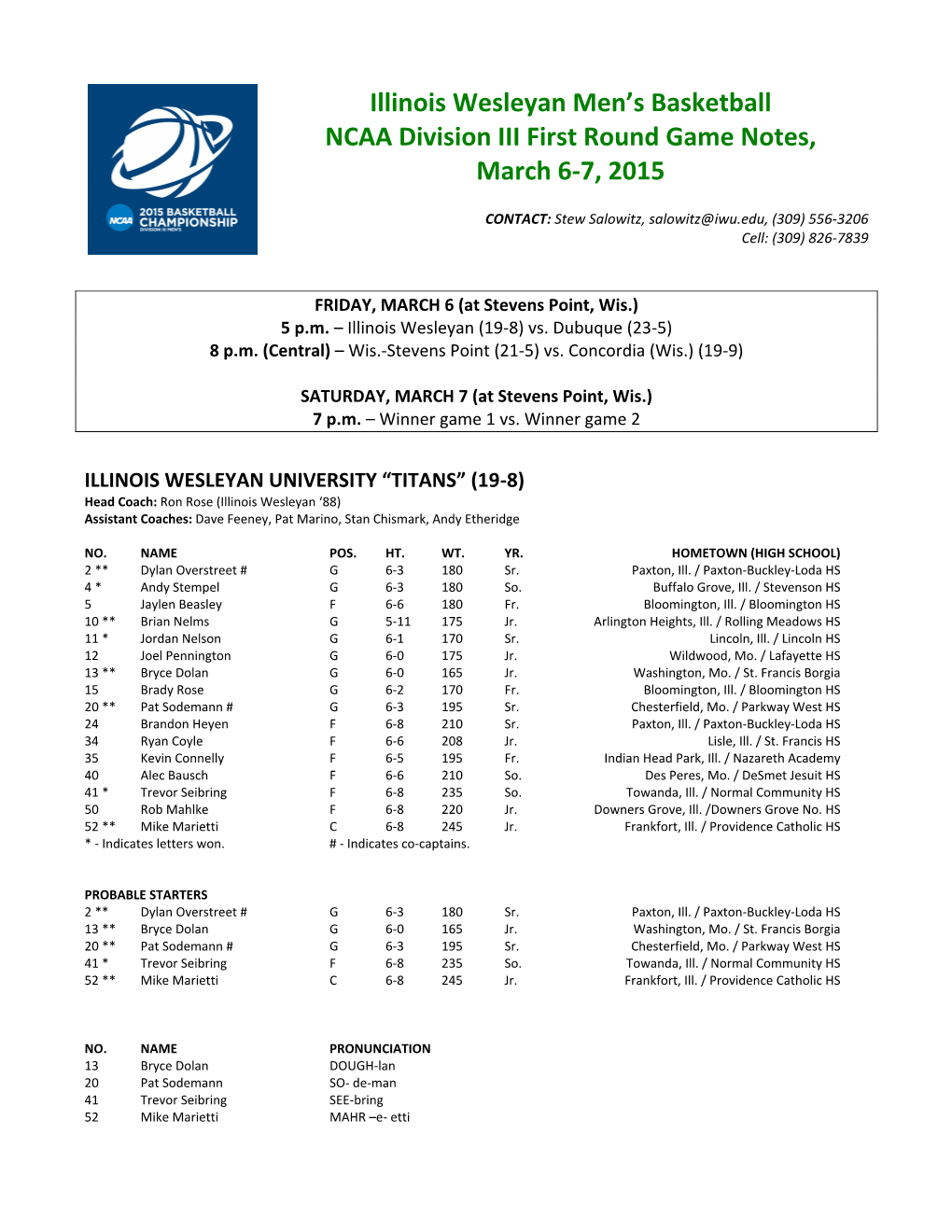 Illinois Wesleyan Men's Basketball NCAA Division III First Round Game