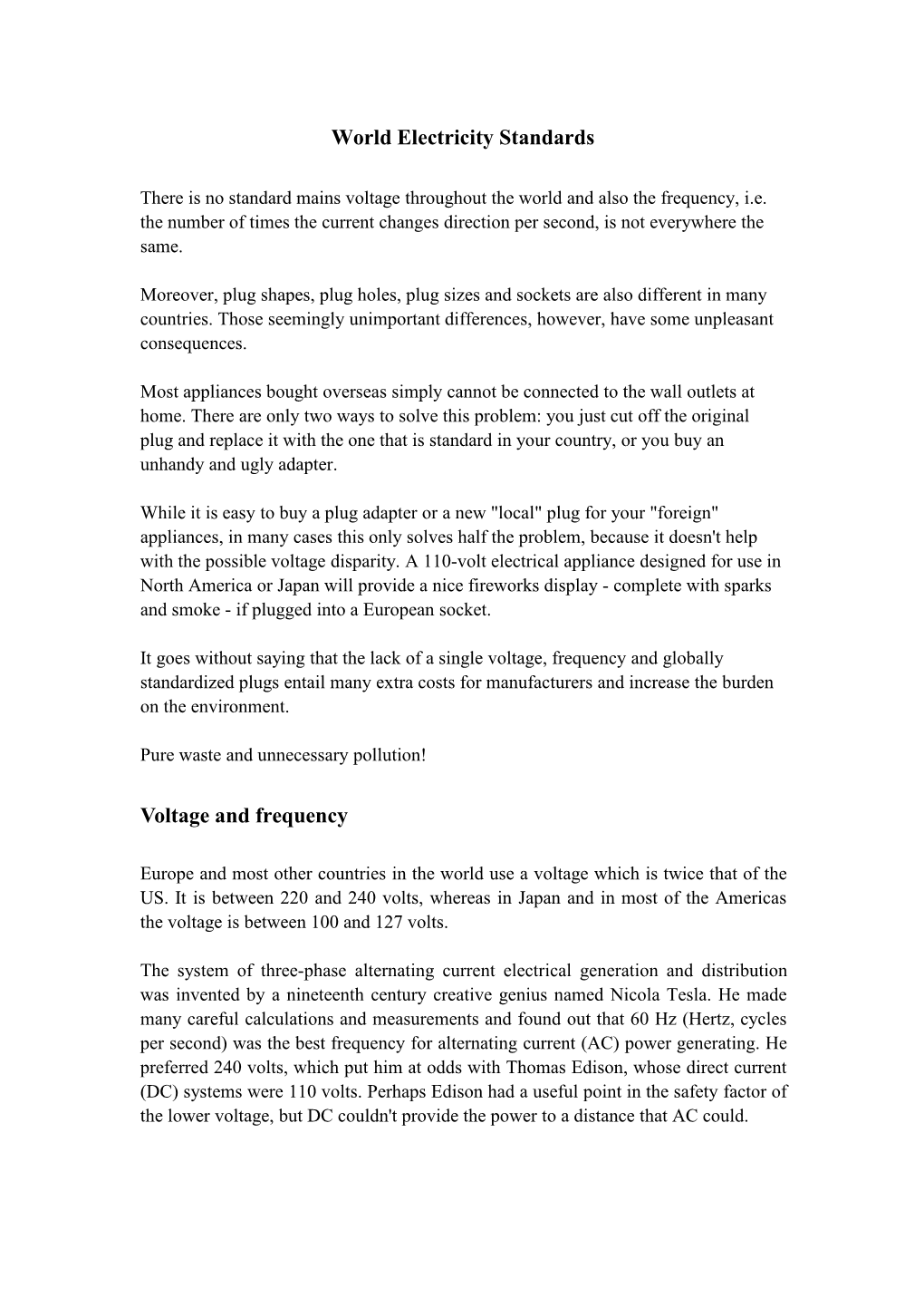 World Electricity Standards Voltage and Frequency