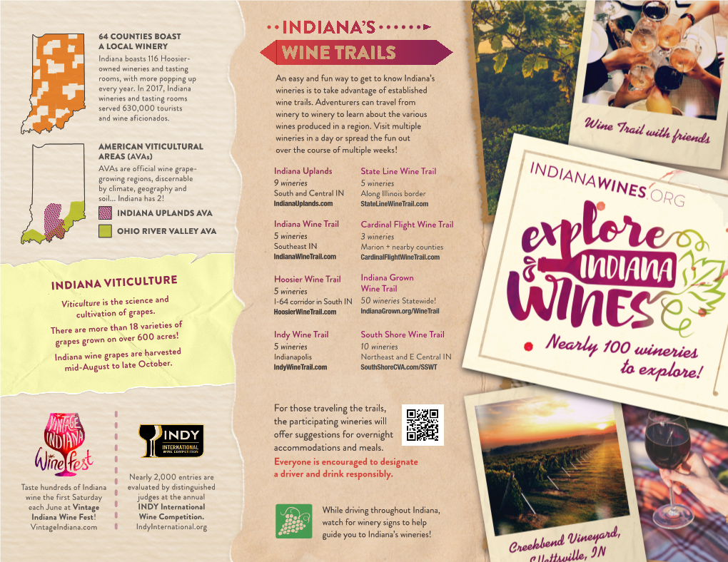 WINE TRAILS Owned Wineries and Tasting Rooms, with More Popping up an Easy and Fun Way to Get to Know Indiana’S Every Year